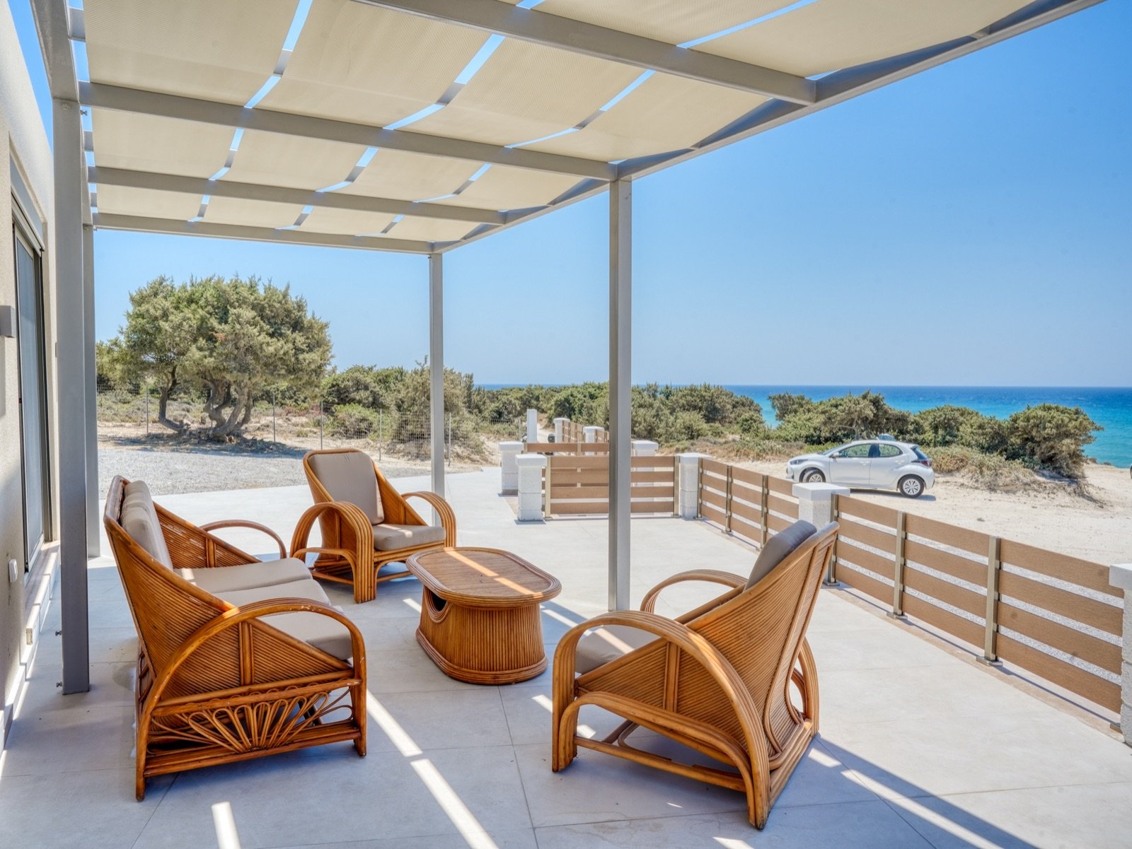 Veranda seating with view towards the Aegean sea